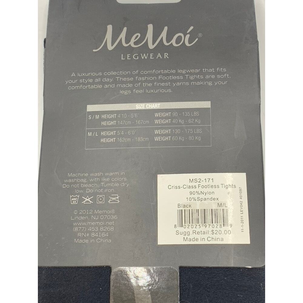 MEMOI Women's Black Solid Semi Sheer Criss-Class Footless Tights SZ M/L - Picture 7 of 8